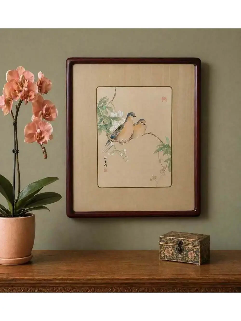 Vintage Shadow Catchers Framed Bird Artwork – Silk Mat, Mahogany Dovetail Frame